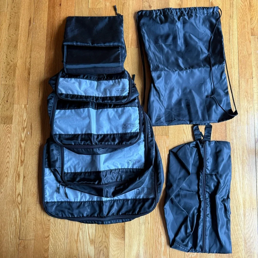 Black Makeup Organizer Set with Packing Cubes and Hanging Toiletry Bag